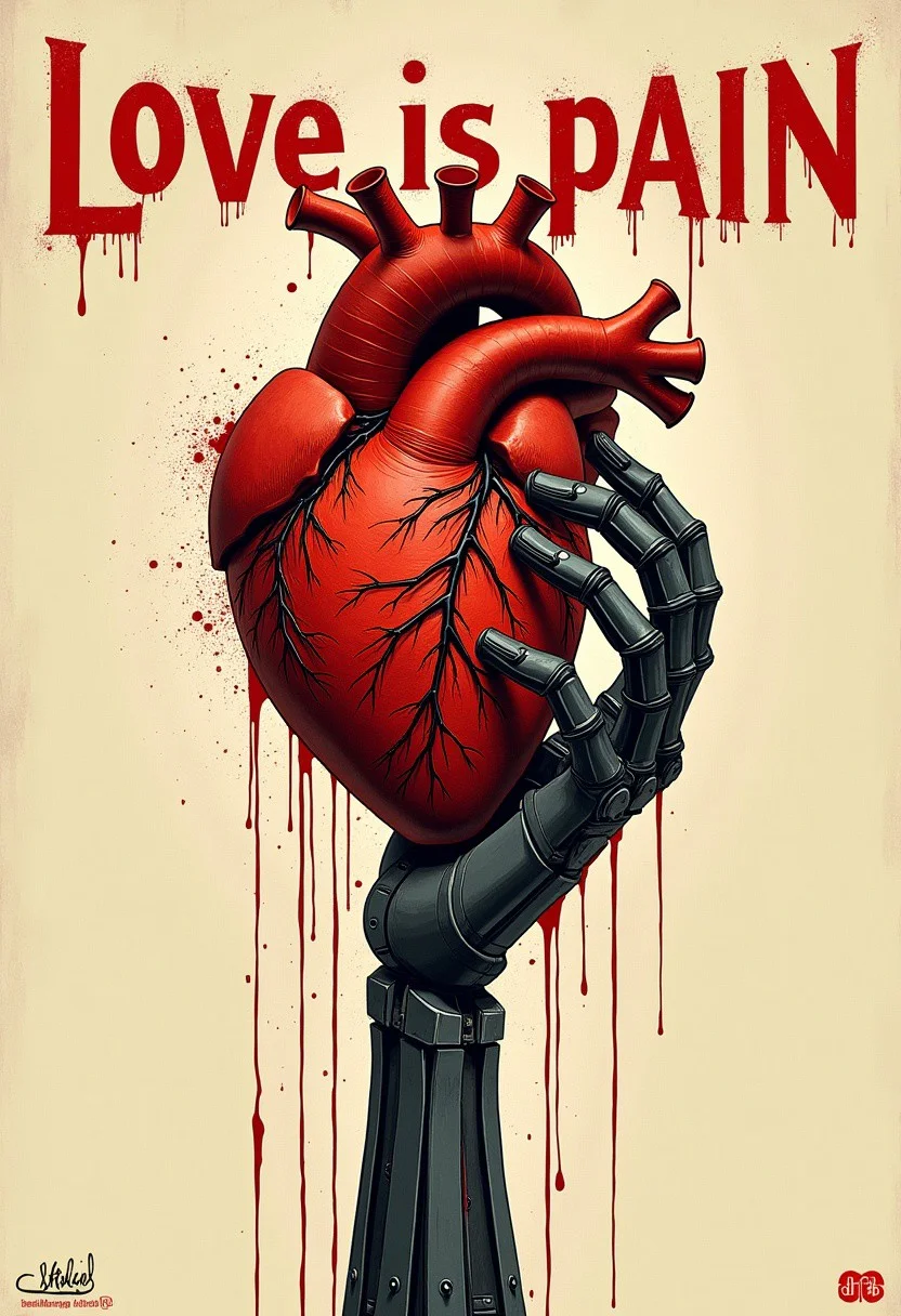 bauhaus poster, text "love is pain", mechanical hand holding anatomically correct heart, blood, splatter, gore