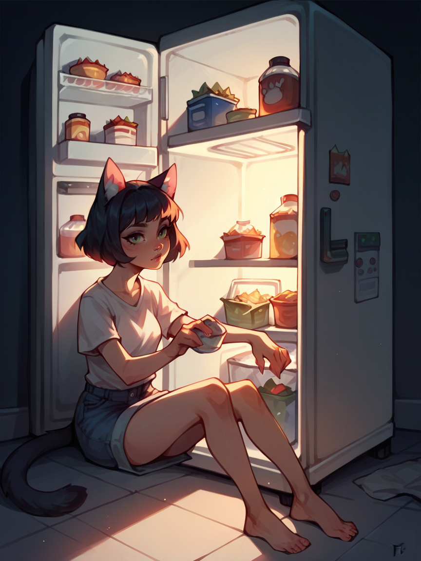 score_9, score_8_up, score_7_up, score_6_up, score_5_up,  <lora:fr1dg3XLP:0.6> fr1dg3, open fridge, refrigerator, night, 1girl, cat ears, sitting,