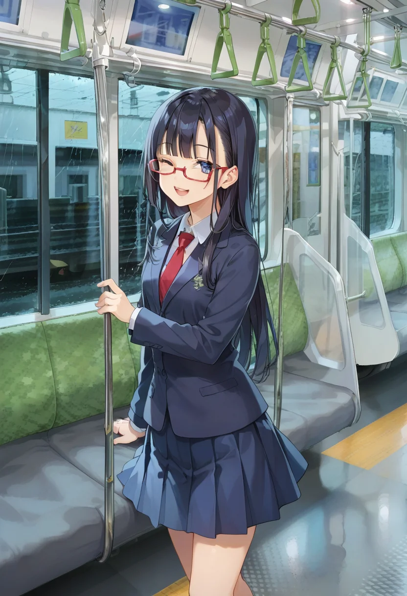 score_9, score_8_up, score_7_up, rating_safe, masterpiece, best quality, absurdres, unity 8k wallpaper, official art, official style, source_anime, game cg, megami magazine,  glasses,
1girl, solo, glasses, black hair, long hair, blue eyes, collared shirt, red necktie, pleated skirt, blue skirt, standing, smile, closed eyes, open mouth,  looking at viewer, 
e235, seat, close-up, scenery, rain, window, train interior, night, indoors, 
<lora:E235_PONY_V1:1>