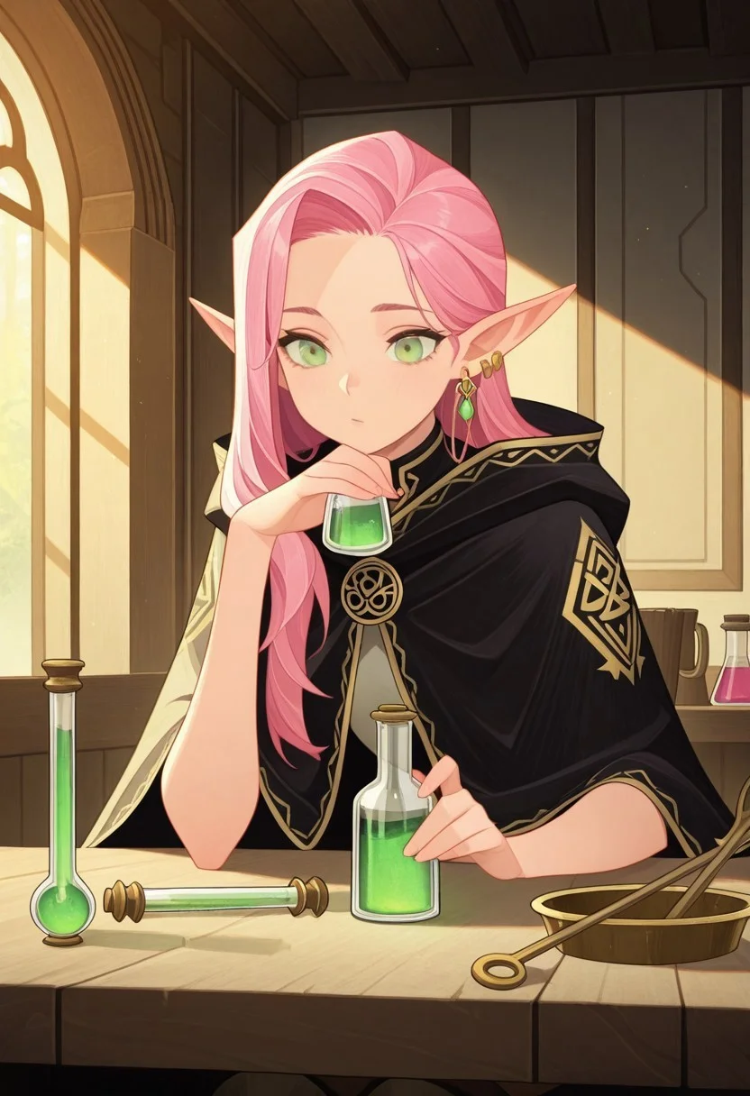 masterpiece, best quality, amazing quality, <lora:afkArenaIllustrious:1>
afkarenastyle,
1girl, female elf, solo, portrait, female focus, pink hair, green eyes, slim, long hair, hair swept to one side, light skin, beautiful, sitting at table, holding potion, alchemy ingredients, mortar and pestle, test tubes, black cloak with gold trimming, earrings, indoors, arcane laboratory