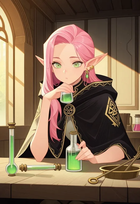 masterpiece, best quality, amazing quality, <lora:afkArenaIllustrious:1>
afkarenastyle,
1girl, female elf, solo, portrait, female focus, pink hair, green eyes, slim, long hair, hair swept to one side, light skin, beautiful, sitting at table, holding potion, alchemy ingredients, mortar and pestle, test tubes, black cloak with gold trimming, earrings, indoors, arcane laboratory