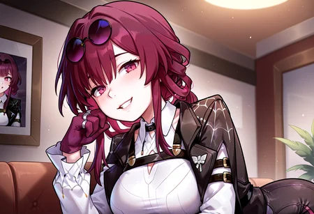 IllustriousQual <lora:StS-Illustrious-Detail-Slider-v1.0:2> <lora:cfg_scale_boost:0.3>,detailed_background,indoors,white shirt,honkai \(series\),highres,sunglasses,round eyewear,solo,pince-nez,open clothes,1girl,jacket,collared shirt,smile,open jacket,allze,hair between eyes,shirt,tinted eyewear,looking at viewer,honkai: star rail,gloves,ring,large breasts,absurdres,jewelry,black jacket,purple-tinted eyewear,purple hair,glasses,eyewear on head,shorts,purple eyes,breasts,kafka \(honkai: star rail\),teeth,long sleeves,multiple rings,upper body,purple gloves,chest harness,high-waist shorts,long hair,harness