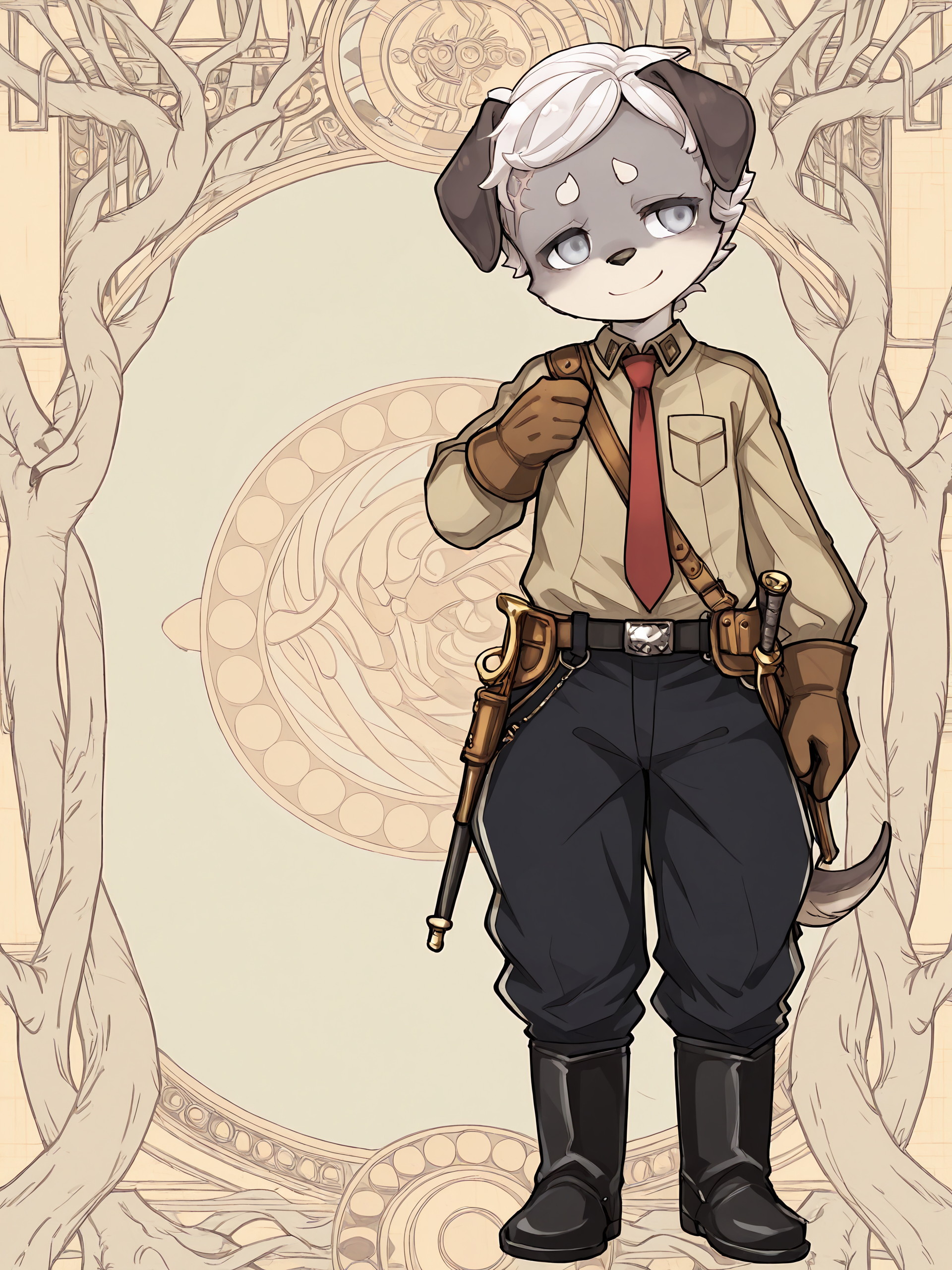 BREAK, <lora:Britz_Strudel:1>, britz strudel, fuga: melodies of steel, kemono, furry male, young male, 1boy, dog boy, grey fur, beige fur, multicolored fur, grey eyes, short hair, white hair, scar above right eye, animal ears, dog ears, floppy ears, dog tail, brown tail, Fuga 1 appearance, short hair, slick hair,
BREAK, Fuga 1 Outfit, Berman Uniform, high black boots, black military pants with two white stripes, belt, beige button-up uniform shirt, red necktie, brown gloves, brown sling, gun holster, pouches, sword,
BREAK, solo, full body, looking away, standing, smile, shy, head tilt,