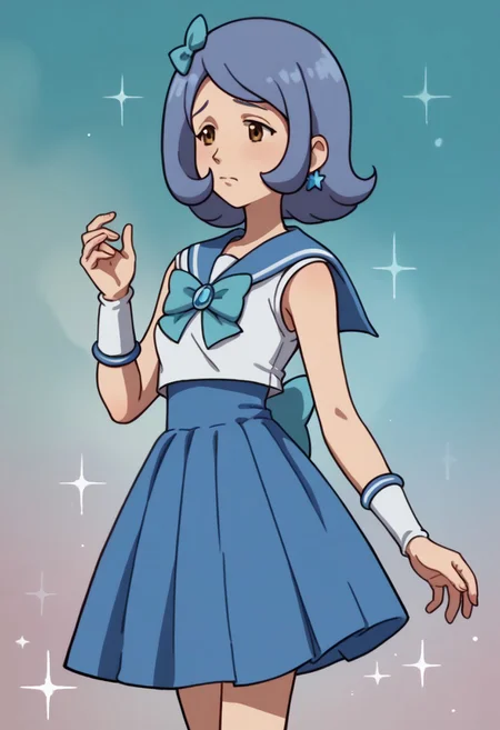 score_9, score_8_up, score_7_up BREAK viodg, 1girl, pastel indigo hair, cyan bow, brown eyes, sailor senshi outfit, senshi serafuku dress, source_cartoon, magical transformation, mahou shoujo atmosphere, cartoon, mahou shoujo dress, magical glittery sparkly powers,