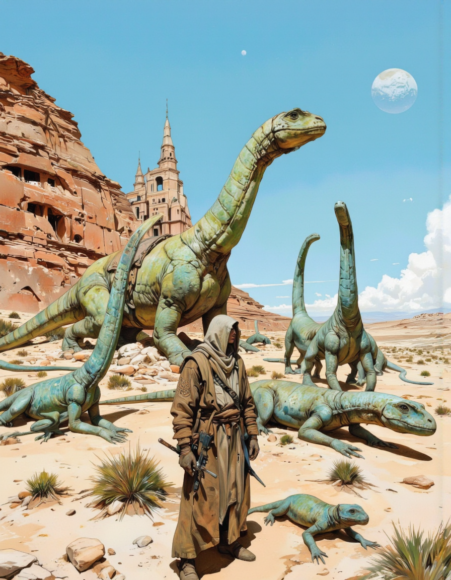 By theaicolab. A digital illustration shoot from a far camera angle about a desert scene featuring a figure in a hooded cloak standing in front of a group of large, elongated, green dinosaurs. the scene is set in a desert with sparse vegetation and rocky terrain, under a clear blue sky with a few distant structures. in the foreground, a figure, who appears to be a young adult, stands in the middle of the image, wearing a long, brown robe with intricate patterns and a hood, and holding a weapon in their hands. to the right of the figure, a large, slender, green dinosaur with a long neck and a long snout is lying on its side, facing the viewer. behind the creature, several smaller, more elongated green dinosaurs with long necks and a wide mouth are standing, with their heads turned towards the viewer, as if observing the scene. on the other side of the group, a smaller, smaller, green lizard is lying down, with its head turned to the side, and its mouth is open, giving a sense of calmness. the background features a distant, rocky landscape with crumbling structures and a distant planet in the distance. the overall atmosphere is one of awe and wonder, with the vibrant colors and detailed textures of the desert setting adding to the sense of realism. <lora:The_AI_Colab:1>