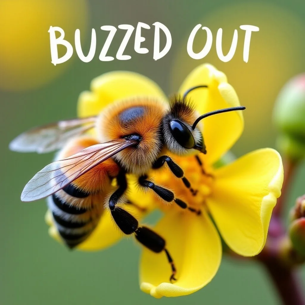 a cute fuzzy bee, gathering nectar from an Appalachian redbud tree, text that says "BUZZED OUT" and more text underneath that that says "send buzz"