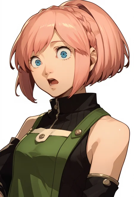 score_9, score_8_up, score_7_up, source_anime, 1girl, solo, open mouth, surprised
<lora:zs_P3ReloadPortraitsXL:1> p3reloadportraits, portrait, white background
 <lora:KanonGE-pdxl:1> altKan, short hair, pink hair, crown braid, ponytail, blue eyes, green and black dress, sleeveless, arm warmers,