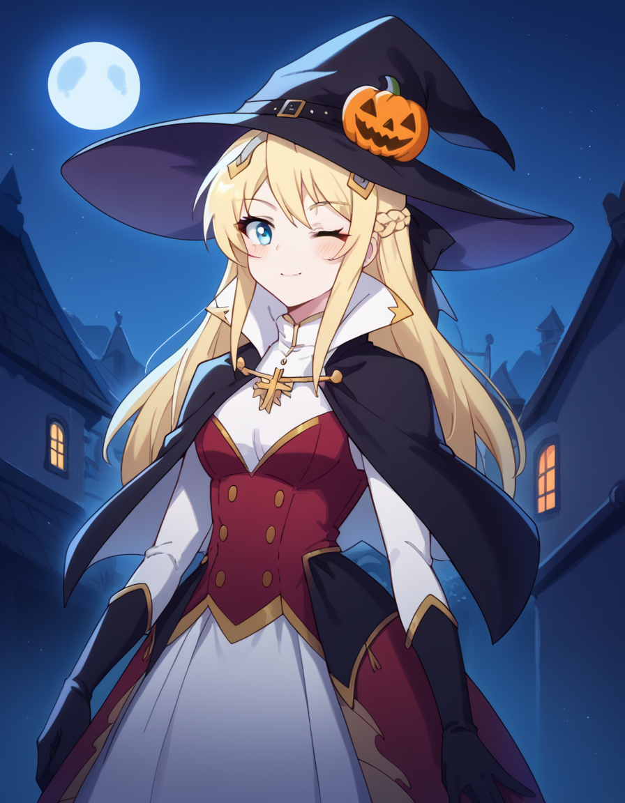score_9, score_8_up, score_7_up, source_anime, <lora:hildegard-minas-lestia-s2-ponyxl-lora-nochekaiser:1>, hildegard minas lestia, long hair, blue eyes, blonde hair, braid, french braid,, <lora:witch-ponyxl-lora-nochekaiser:1>, witch, hat, witch hat, dress, halloween, halloween costume, jewelry,, night, moon, blush, smile, one eye closed,, , dutch angle, cowboy shot