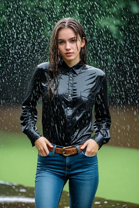 wetgirl, standing in the rain, water drop, wet hair, wet black silk shirt, shirt tucked into skinny jeans, belt, looking at viewer, photographed on a Fujifilm XT3, 80mm F/1.7 prime lens, cinematic film still, cinestill 500T, highly detailed, masterpiece, highest quality, intricately detailed, HDR, 8k, uhd, photorealistic, <lora:wetgirl_v3:0.6>