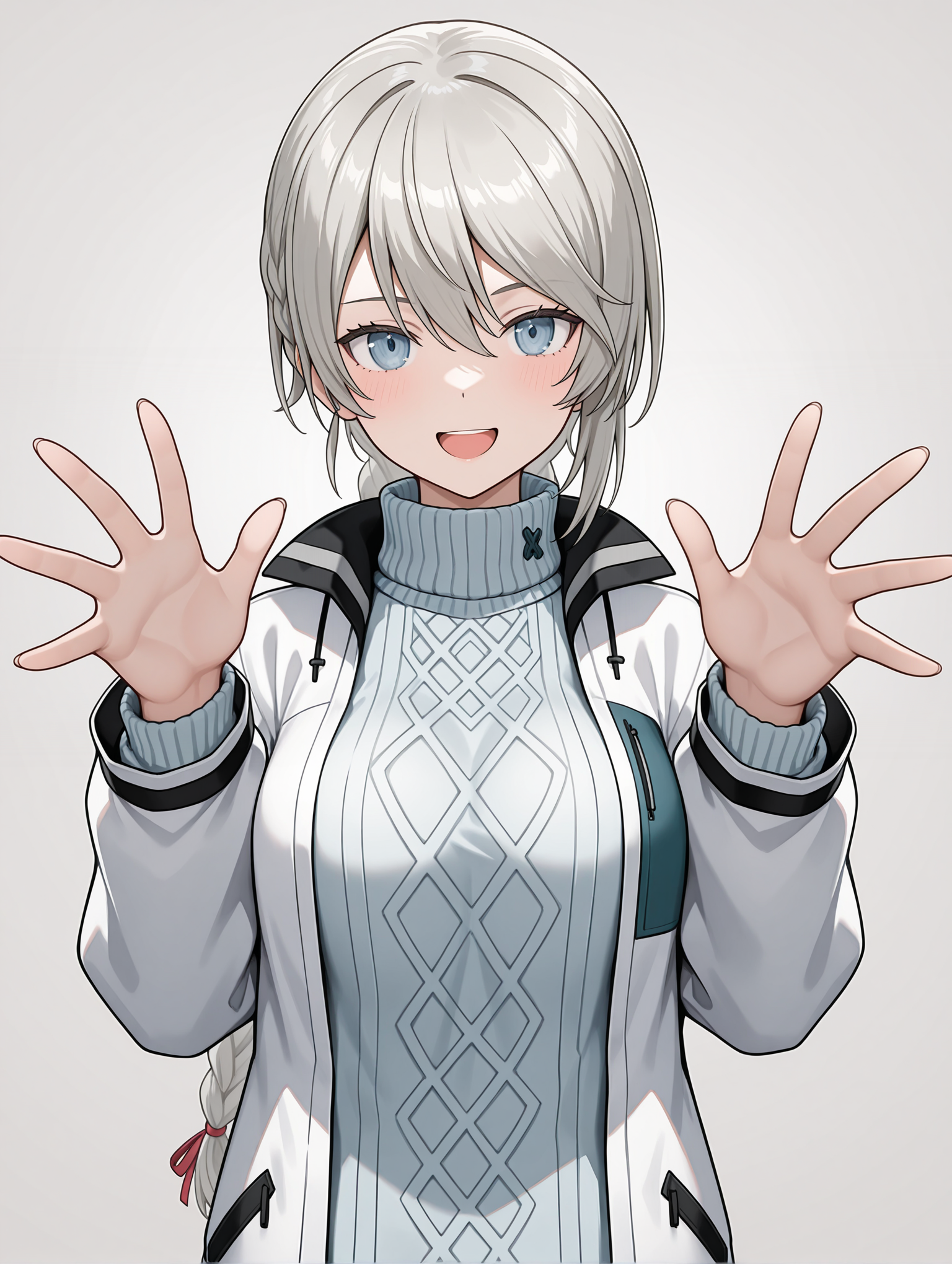 masterpiece,best quality,newest,
1girl,solo,
<lora:ADELAIDE_BLUTHAUSEN_ilxl_v1.0:1>,a_bluthausen,grey hair,blue eyes,braided ponytail,
s_nase,white jacket,long sleeves,turtleneck sweater,black pants,<lora:Fixhands_anime_bdsqlsz_V1:1>,looking_at_viewer,standing,simple_background,white_background,open hands,portrait,straight-on,cowboy_shot,laughing,
