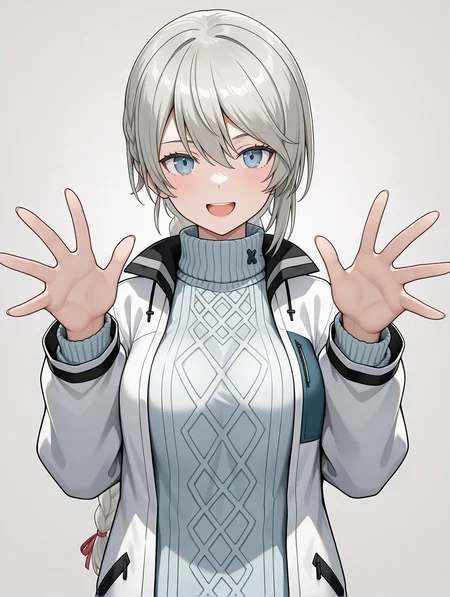 masterpiece,best quality,newest,
1girl,solo,
<lora:ADELAIDE_BLUTHAUSEN_ilxl_v1.0:1>,a_bluthausen,grey hair,blue eyes,braided ponytail,
s_nase,white jacket,long sleeves,turtleneck sweater,black pants,<lora:Fixhands_anime_bdsqlsz_V1:1>,looking_at_viewer,standing,simple_background,white_background,open hands,portrait,straight-on,cowboy_shot,laughing,