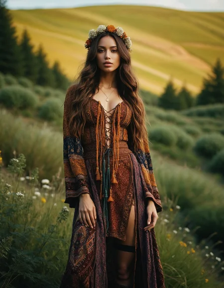 RAW full body analogue photo of a beautiful 20 years old woman, clear focus, 8K,__Random_Woman__,Bohemian muse: flowing hair with tribal accents, earthy fabrics with floral patterns, glowing skin, flowing accessories, earthy stockings. Inspired by: Henri Rousseau style, bohemian themes, artistic mood, grainy texture, vibrant colors. ,low light, soft natural light, Rembrandt style light, Hasselblad DLSR camera, 200mm Zeiss lens, f/2.8,