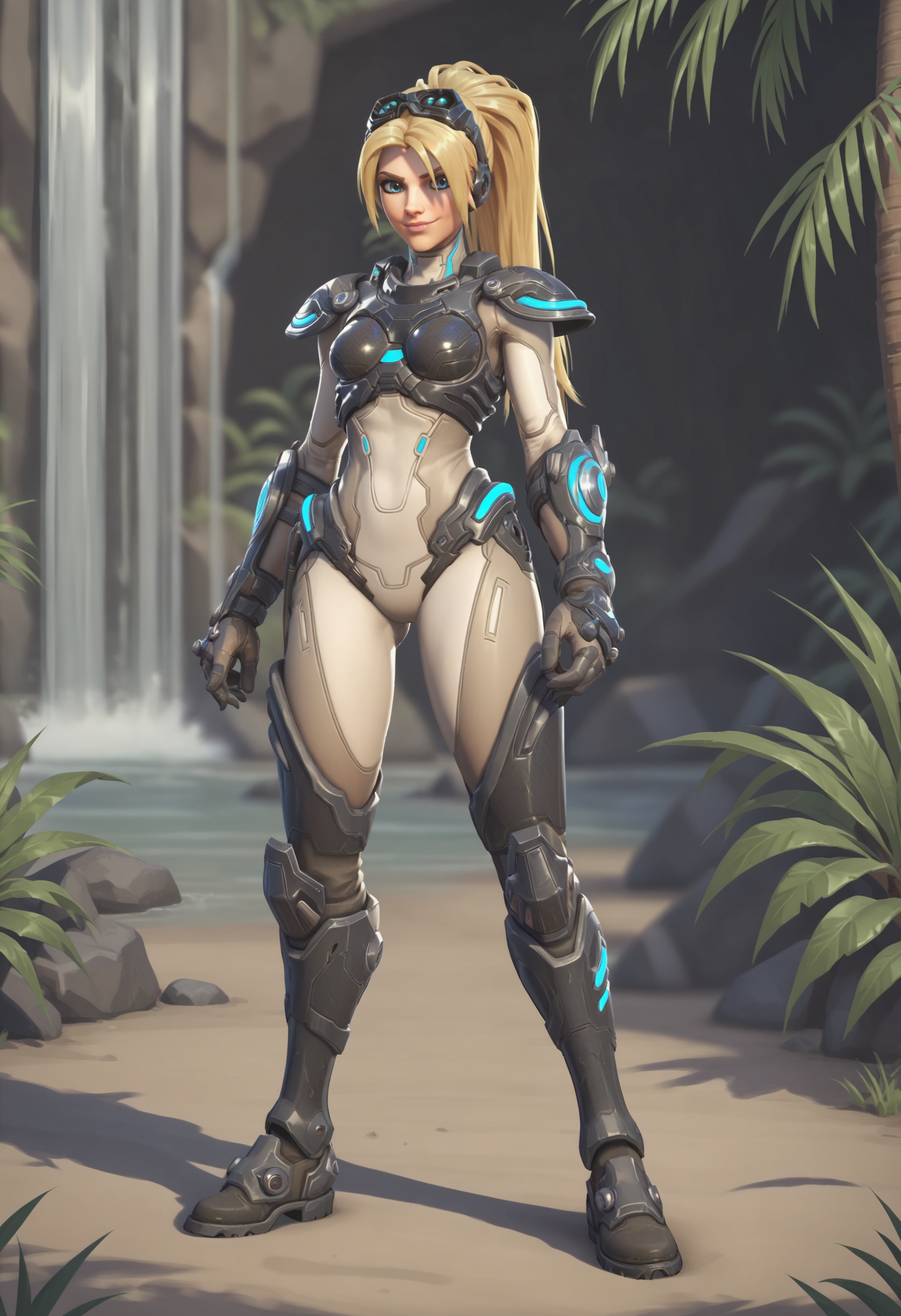 score_9, score_8_up, score_7_up, score_6_up, score_5_up, score_4_up, 1girl, <lora:WidowmakerNova:0.7> solo, medium breasts, ponytail, blonde hair, long hair, blue eyes, bodysuit, armor, goggles, goggles on head, gloves, front view, smile, full body, legs apart, standing, 
jungle background, tree, waterfall,