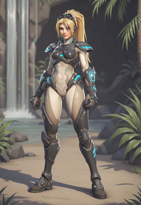 score_9, score_8_up, score_7_up, score_6_up, score_5_up, score_4_up, 1girl, <lora:WidowmakerNova:0.7> solo, medium breasts, ponytail, blonde hair, long hair, blue eyes, bodysuit, armor, goggles, goggles on head, gloves, front view, smile, full body, legs apart, standing,
jungle background, tree, waterfall,