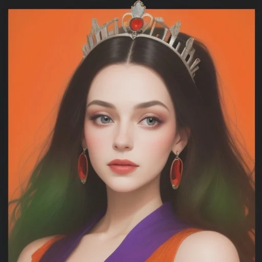 Portrait of a beautiful Queen.
Orange, red, green, purple colors only.