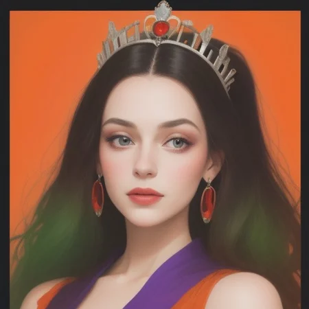 Portrait of a beautiful Queen.
Orange, red, green,  purple colors only.