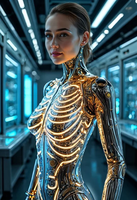 the most realistic, photorealistic photo ever taken [PORTRAIT MID BODY SHOT, extremely detailed, 8k, BEAUTIFUL FEMALE ANDROID (SEDUCTIVE SMILING:1.5), looking at the camera, IN A HIGH TECH FUTURISTIC LABORATORY, LEDS,BIOMECHANICAL BODY PARTS, (glass TRANSPARENT ULTRA DETAILED BODY shell:1.5) SHOWING blue and gold CIRCUITRY INSIDE THE BODY, Detailed hand, (DYNAMIC POSES:1.5), Perfect hand, ],ANDROID