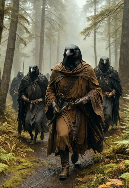 (masterpiece,best quality,ultra_detailed,highres,absurdres:1.2), DnD_Grainyboyz,
BREAK
highly detailed photo of black corvidfolk running through forest, wearing brown robe, moody forest,