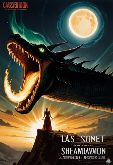 score_9, score_8_up, score_7_up, BREAK
A powerful sorceress in her early 30s, with emerald green eyes and silver-streaked raven hair cascading down her back. She stands at the edge of a cliff, surrounded by a swirling vortex of magical energy, wearing a dark, flowing gown embroidered with golden celestial symbols. The sky above is split between day and night, with a crescent moon and sun intertwined. In the air is a massive dragon made of fire and shadow, roaring into the stormy sky. (Hyperdetailed, epic, mystical, dynamic composition).
retro_movie_poster, <lora:retro_movie_poster:1>