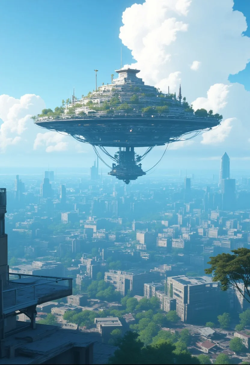 A futuristic city floats in the sky, tethered to the earth by massive energy beams. How do its inhabitants live and interact with those on the ground? What technological advancements make this possible, and what challenges arise from living so far above the surface?
cyan colors, gray colors, brown colors, little of white colors