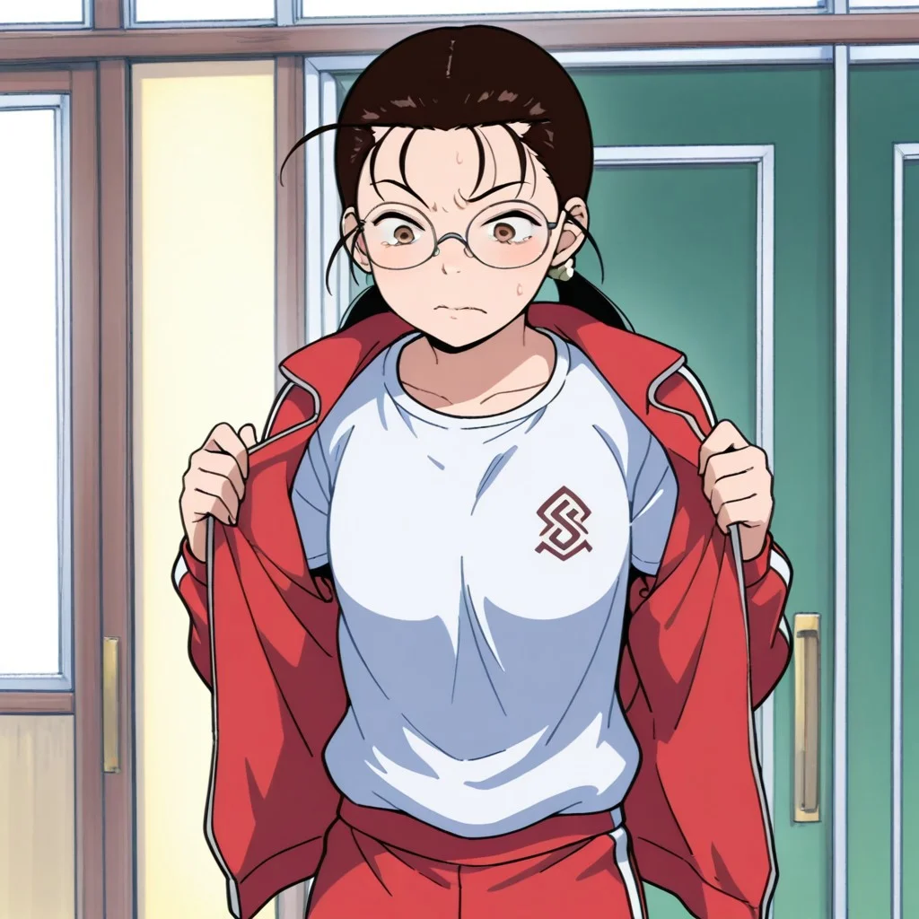 score_9,score_8_up,score_7_up(masterpiece), best quality, expressive eyes, amazing quality, solo, 1girl, track pants, brown eyes, shirt, t-shirt, jacket, glasses, kumiyami,
