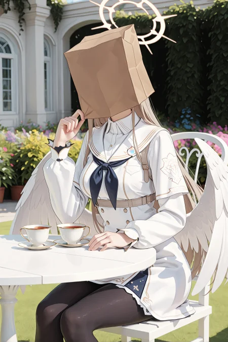 1girl, solo, bag over head, nagisa \(blue archive\), wings,
white clothes, black pantyhose,
sitting,
outdoors, garden, white chair, white table, tea,
cowboy shot,
masterpiece, best quality, amazing quality, very aesthetic, absurdres, highres, newest, <lora:xl_saturation_slider:0.1>, <lora:illustriousXLv01_stabilizer_v1.164:0.4>, <lora:reduce_wrinkles_illstriouosv0.1_ADDifT_2_in_1_v1.2:0.9>, <lora:bagoverheadillv2:1>,