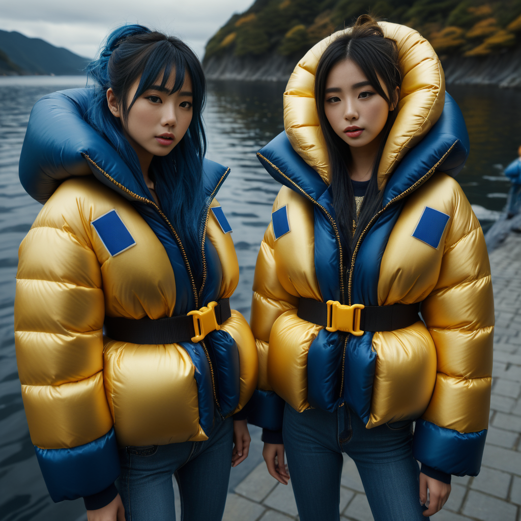 dark cinematic still with dark vibes, full body shot of life jacket  japanese girls  wearing an blue and gold  extra_puffy_jacket,  unique hair styles,   looking at the camera, shallow depth of field, 8k uhd, dslr, soft lighting, high quality, photorealistic, realism, hyperrealism,
, festival scene 
 <lora:Puffer_Jacket_and_Down_Jacket_-_Extra_Puffy_Jackets:0.5>