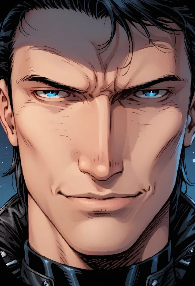 j1m l33,score_9, score_8_up, score_7_up, score_6_up, masterpiece, best quality, 1boy, black jacket, male, leather jacket, black hair, wolfcut medium hair, blue eyes, jack estacado base, tired, serious, jim lee artstyle, night, detailed, leotard, <lora:easynegative:1> solo, portrait, close up,gradient background,mouth closed,slight smile