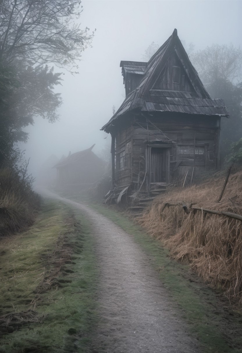 Old road to abandoned village in foggy at sunrise, frontground: an old rusty sword sticks out of the road,  style by Lovecraft, meticulous, intricate, entangled, intricately detailed