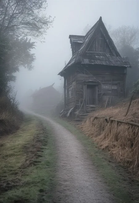 Old road to abandoned village in foggy at sunrise, frontground: an old rusty sword sticks out of the road, style by Lovecraft, meticulous, intricate, entangled, intricately detailed