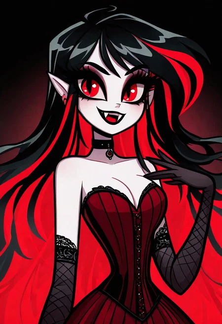 (masterpiece, best quality, good quality, very aesthetic, absurdres, newest:1.2), 1girl, solo, eyelashes, (beautiful eyes), 1girl, solo, long hair, red hair, multicolored hair, black and red hair, looking at viewer, bangs, smile, fangs, open mouth, red eyes, pale skin, makeup, black lips, earrings, jewelry, choker, black gloves, elbow gloves, red dress, gothic, , <lora:VampieNAI:1.0>,