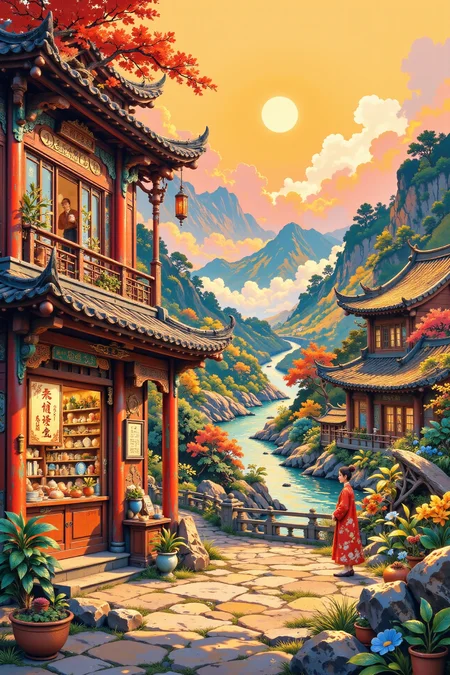 a chinese store beautiful landscape, golden hour, woman, very intricate, very detailed, sharp, bright, colorful, <lora:Hand v2:0.5> <lora:Anti-Blur:1><lora:Insane Detail Slider:0.25>  <lora:flux.1_lora_flyway_Epic-detail_v2:0.3> <lora:fluxenhancer:0.25> <lora:ROWER:0.6> <lora:flux-charmer-v1-1:0.4>  <lora:Cute_Collectibles:1>  <lora:n1j1-5-12:1> n1j1