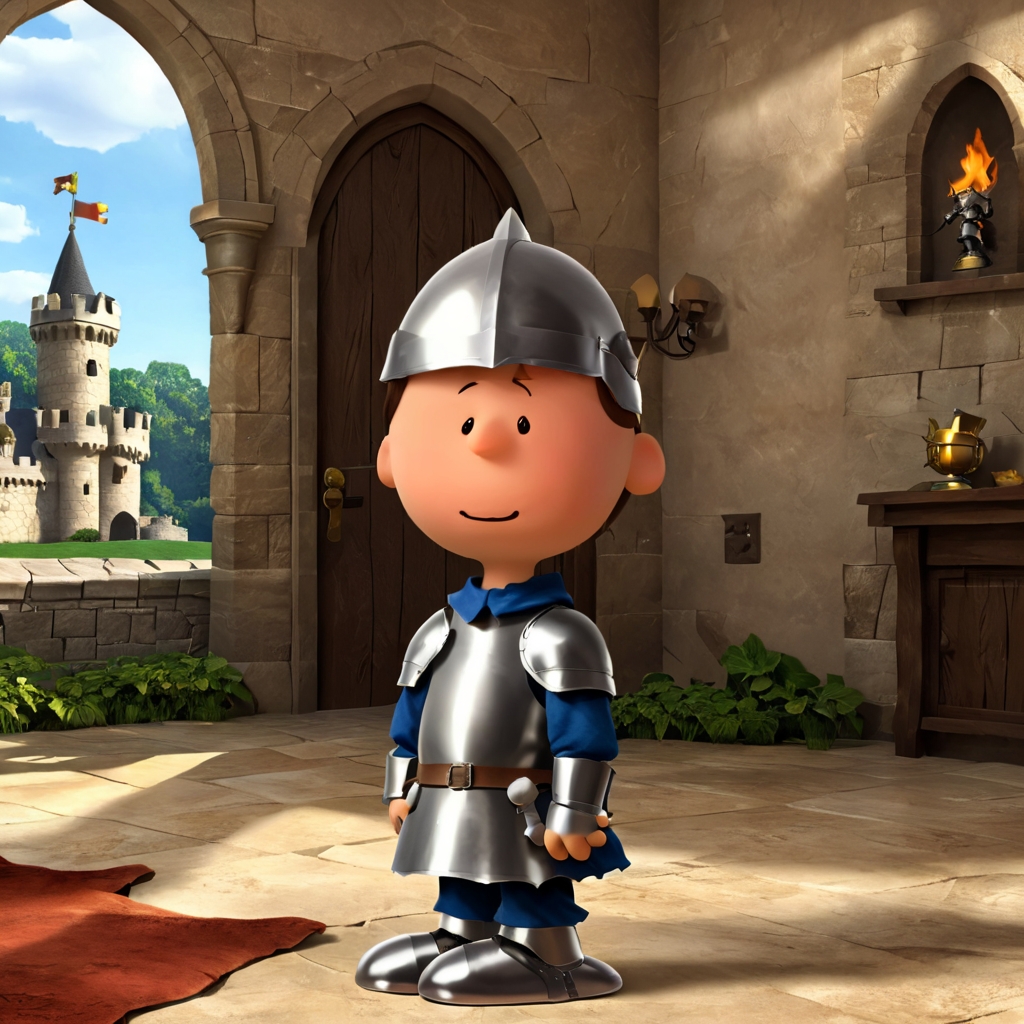 pampeanut a boy wearing a knight armor, castle background,3d