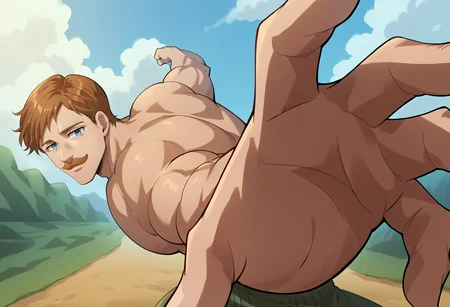 score_9, score_8_up, score_7_up, source_anime, 1boy, solo, Escanor, muscular, short hair, brown hair, mustache, blue eyes, topless male, green pants, IncrsPunchMeme, incoming punch, <lora:ChamEscanorPonyXL:1.0>, <lora:PepePunchMeme_XLPD:1>