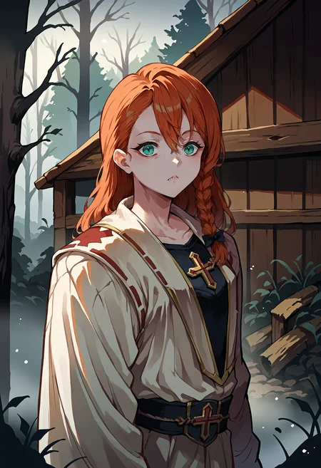 score_9, score_8_up,score_7_up, source_anime, rating_safe, 1girl, solo, <lora:EPmhrMinayle:1>, EPmhrMinayle, orange hair, long hair, braid,side braid, hair between eyes, aqua eyes, vampire slayer, cross, cabin, woods, fog, horror \(theme\),
