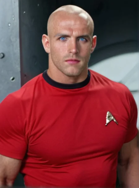 1boy, 20 year old male, Handsome, masculine, blonde, star trek, red shirt, muscle, tall, tight shirt, wide pectorals, big shoulders, wide shoulders, muscular neck, German, bald, big pale blue eyes,
stunf, star trek uniform,