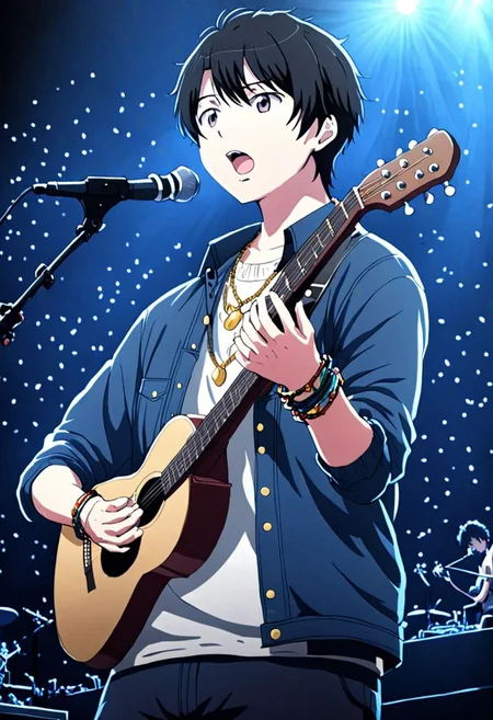 high resolution, solo, best quality, 1Boy, Inaho Kaizuka, Black Hair, singing, portrait, dept of field, virtual concert, playing musical instrument, necklace, bracelet, sneakers, OverallDetail