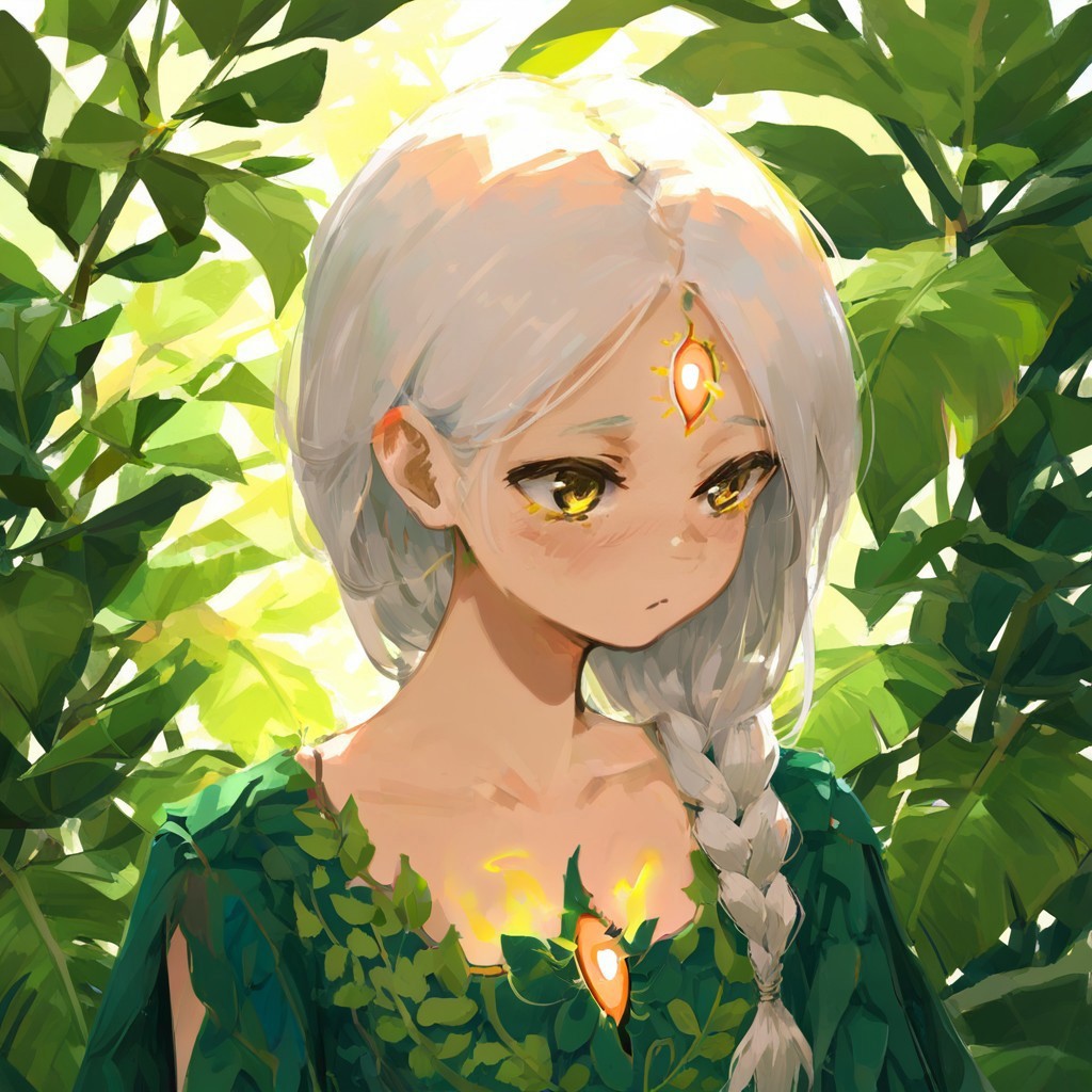 original, masterpiece, best quality, very aesthetic, absurdres, <lora:xilmofornoob:0.95>, 1girl, upper body portrait, white hair, golden eyes, single third eye on chest, two normal eyes, plant-themed dress, green dress, simple clothing, natural materials, flat chest, slim body, gentle expression, cautious demeanor, mysterious aura, no forehead ornamentation, no third eye on forehead, botanical elements, braided vine accessories, nature theme, young female, delicate features, closed mouth, chest focus, symmetrical chest eye, plant fibers texture, soft lighting, leafy patterns, modest attire, serious expression, ethereal beauty, smooth forehead, unmarked skin, earthy tones, shy posture, innocent look, underage character, female focus, vine embroidery, eye emanating faint glow
