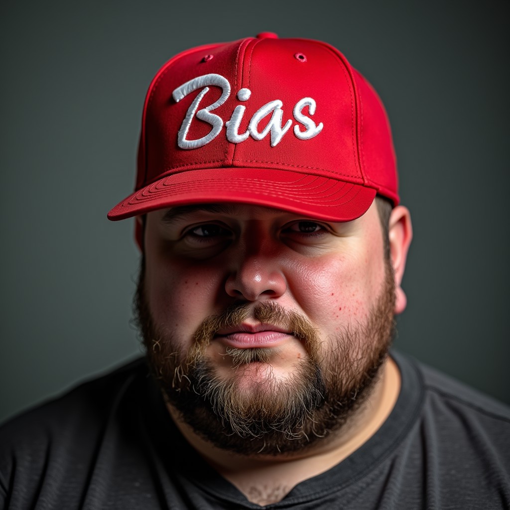 a fat man wearing a red baseball cap with "BIAS" written on in in white embroidery