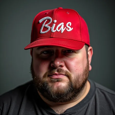 a fat man wearing a red baseball cap with "BIAS" written on in in white embroidery