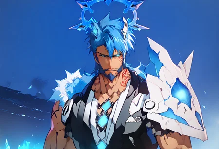 Cast_Q, Casual_Q _Jacket, Casual_Q male, blue short wild hair, goatee, serious, muscular, anime, cyberpunk, blue mechanical eyes, Bara(may be needed), ((cowboy shot)), strong facial features, scruffy beard, blue hair, short wild hair, bleach_tybw_style, glowing crown:0.7, ({blue} light):1.6, full body, score_9, score_8_up, score_7_up, score_6_up, concept art score_9,score_8_up,score_7_up,score_6_up,((hollowfication)),blue theme,