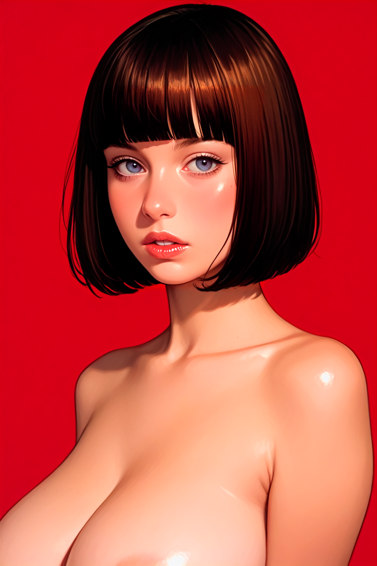 score_9, score_8_up, score_7_up, score_6_up, content_explicit, source_anime, high quality, high contrast, realistic, 1girl, brown hair, blunt bangs, bob cut, (large breasts:1.2), shiny skin, glossy lips, blush, simple background, red background, parted lips, highly detailed, crisp linework, <lora:large_flat_breasts_SDXL:0.6>,  <lora:Amateur_Nudes_Lascalae:0.2> Amateur_Nudes, <lora:Lunas-NijiJourney-SDXL-B2:0.2> nijijourney,  <lora:70s_Vintage_Porn_Magazine_Style:0.3> 70spm, vintage porn, 70s era, 1970s photo, <lora:Sinozick_Style_XL_Pony:0.4> sinozick style, flat color, dark theme, <lora:ElectraZuzana:0.5>