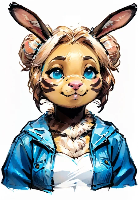 Score_9, score_8_up, score_7_up, watercolor, headshot, face, close up, (white background:1), 3/4 view, Lita, furry bunny bee, bunbleb33, rabbit nose, pink nose,
(cropped blue denim Jacket:1.3), white dress, open jacket