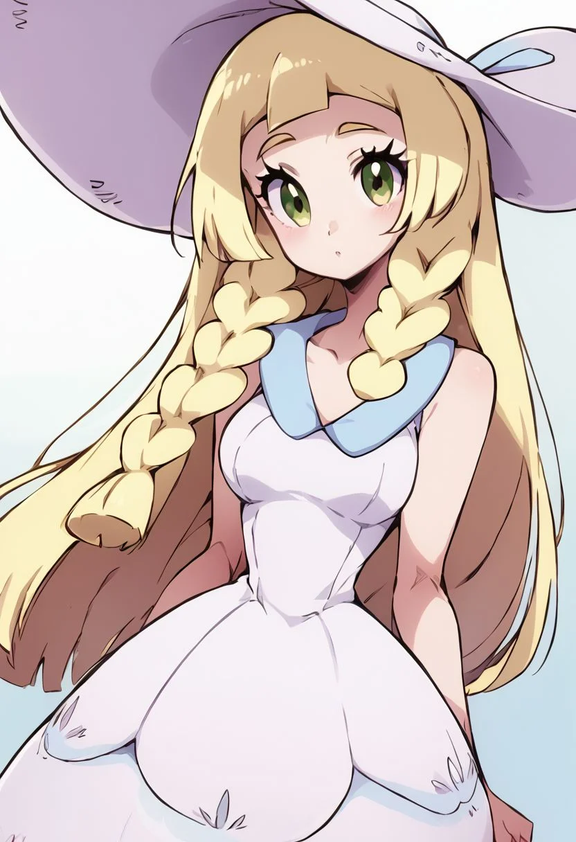 score_9, score_8_up, score_8, medium breasts, (curvy), cute, eyelashes, zzlillie, long hair, braid, sun hat, white headwear, collarbone, sleeveless dress, white dress,, zPDXL,