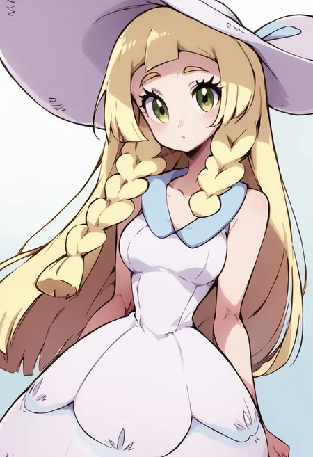 score_9, score_8_up, score_8, medium breasts, (curvy), cute, eyelashes,       zzlillie, long hair, braid, sun hat, white headwear, collarbone, sleeveless dress, white dress,, zPDXL,