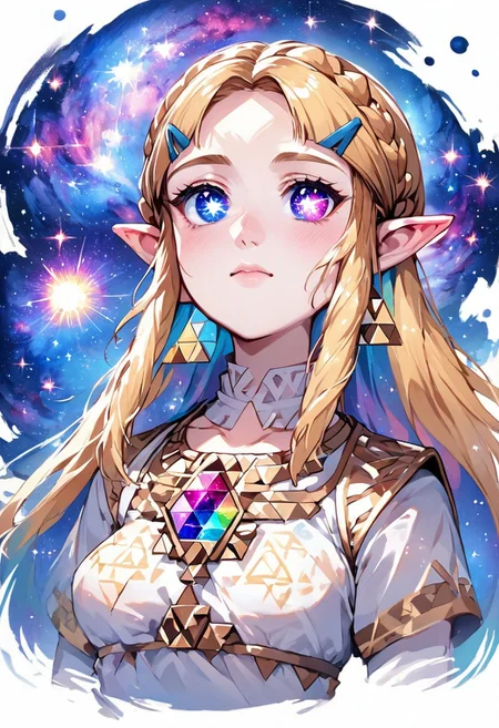 source_anime, colorful, score_9, score_8_up, score_8, (masterpiece), eyedetailxl, bettereyes, detailed_eyes, upper_body, bust, BREAK, 1girl, Princess Zelda, multicolored_eyes, (galaxy eyes:1.2), galaxy_eyes, bright_pupils, (white background)