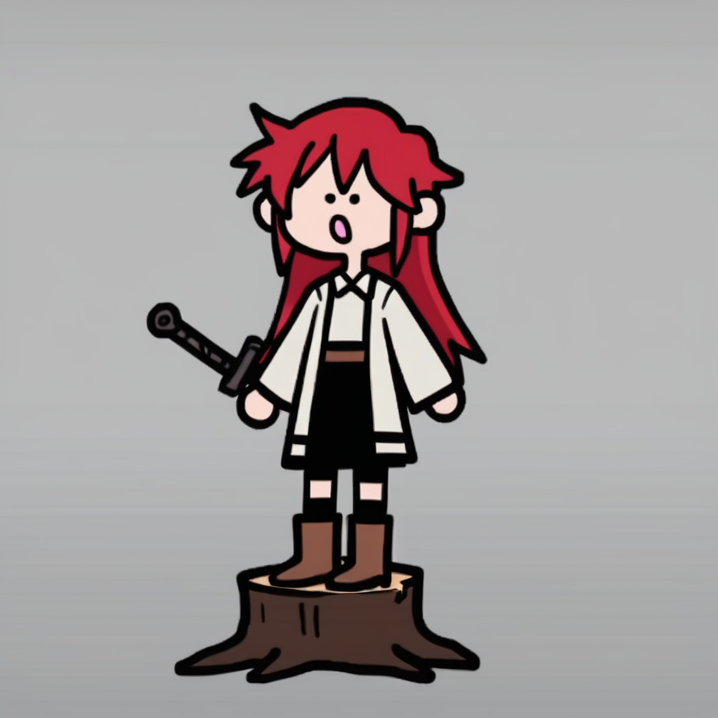 score_9, score_8_up, score_7_up, score_6_up, score_5_up, score_4_up, source_anime, terminalmontage, girl, eris greyrat, solid color background, dot eyes, long straight red hair, white long sleeve shirt, brown belt, long black socks, brown boots, holding a sword in the air, mouth open, standing on a tree stump, humanoid<lora:PD Terminalmontage Style:0.8>
