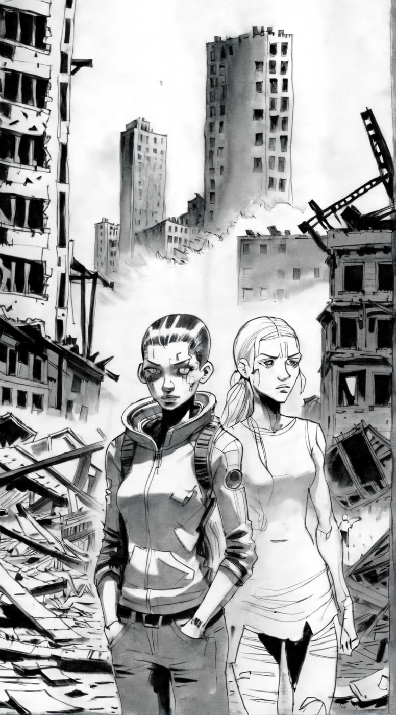 drawix2 cyborg girl in the background a destroyed city and a group of people <lora:drawix2:1>