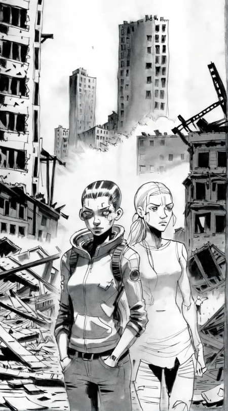 drawix2 cyborg girl in the background a destroyed city and a group of people <lora:drawix2:1>