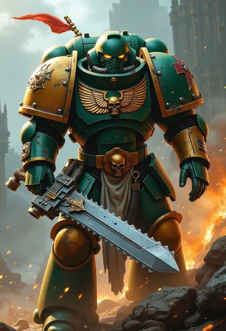 Warhammer 40k space marine wielding a chainsaw sword